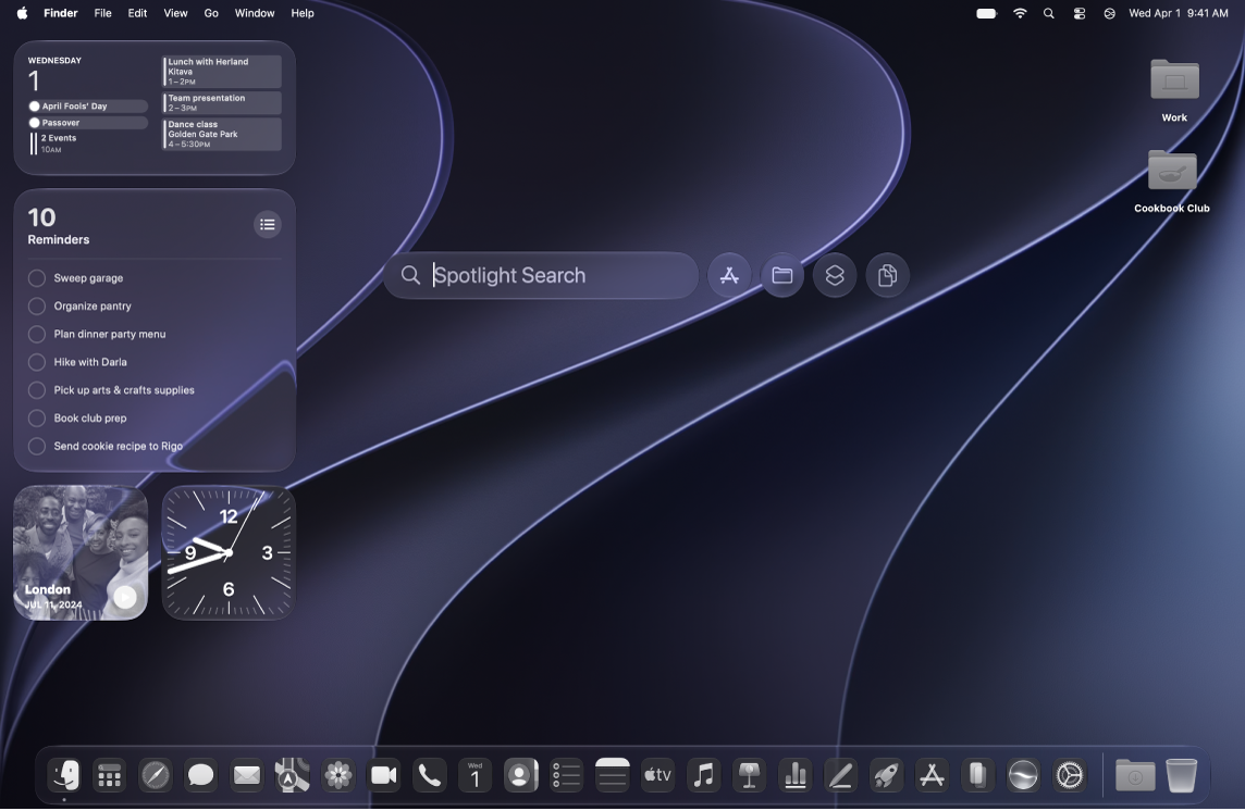 A Mac desktop with custom icons, widgets, folders, and Spotlight search open.