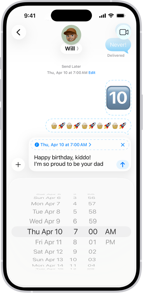 A Messages conversation with messages scheduled to be sent later.
