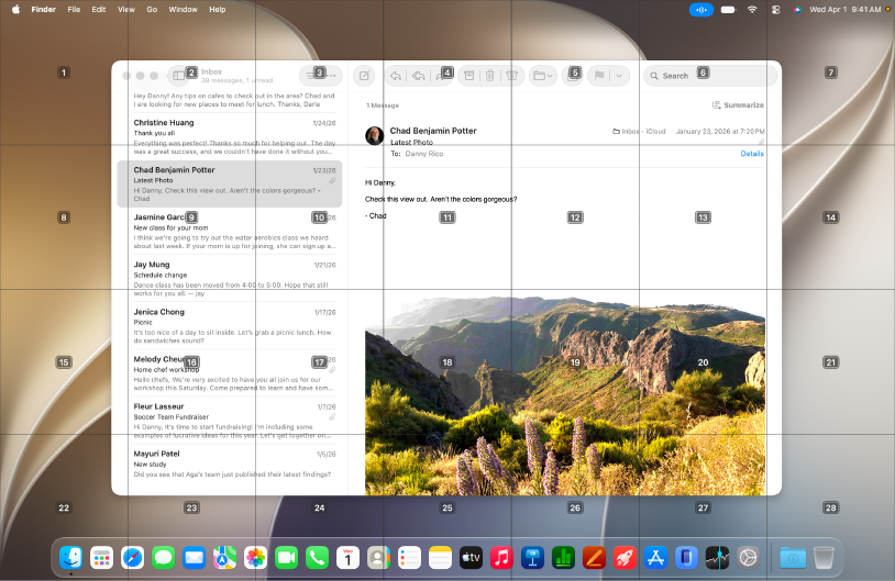 التطبيق البريد مفتوح على سطح مكتب Mac، مع شبكة متراكبة عليه. كل خلية في الشبكة مُسماة برقم.