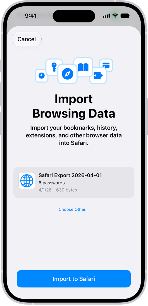 Ekrāns Import Browsing Data, kurā redzams CSV fails ar parolēm no cita paroļu pārvaldnieka.