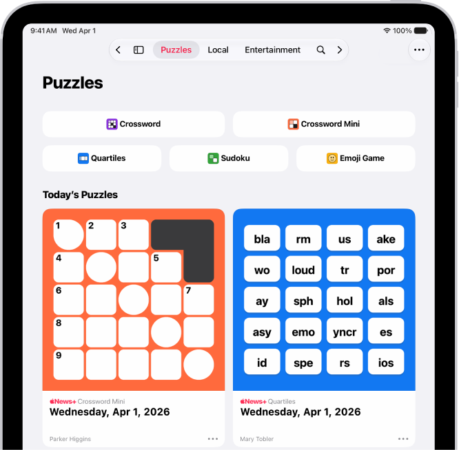 موجز Puzzles في تطبيق الأخبار.