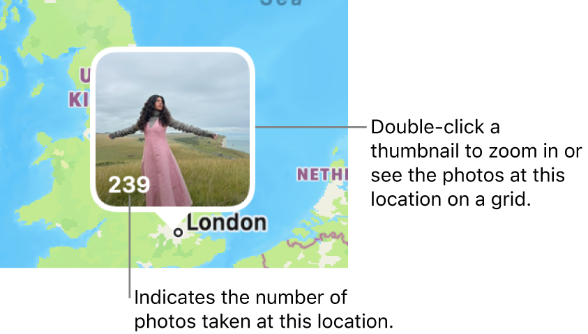 A photo thumbnail on a map, with a number in the lower-left corner indicating the number of photos taken at that location.