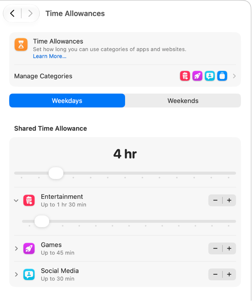 The Time Allowances screen showing allowed time on a Mac and allowed time in apps.