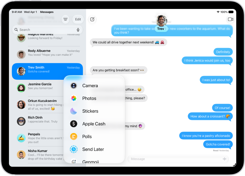 The Add menu in Messages on iPad, listing several iMessage features: scheduled send, audio messaging, the App Store, GIF images, Digital Touch, location sharing, and music.