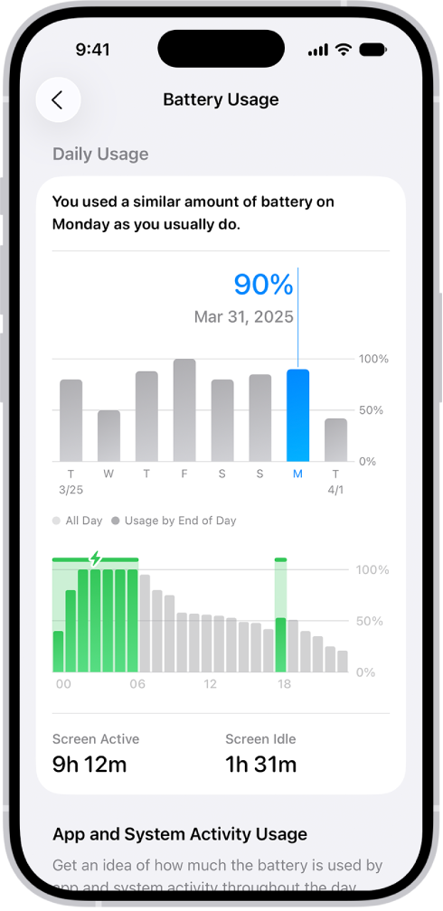 The Battery Usage screen in Settings on iPhone. It shows two graphs: the top graph displays daily battery usage for the last week, and the bottom graph details the battery level throughout the selected day, including periods of charging. Below the graphs, it summarizes total screen active and screen idle time.