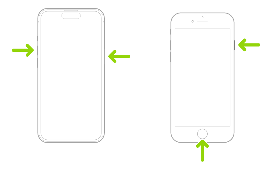 Dva iPhonea, jedan sa značajkom Face ID, a drugi sa značajkom Touch ID, sa strelicama koje pokazuju na tipke za snimanje slike zaslona. Na iPhoneu s Face ID-jem jedna strelica pokazuje na bočnu tipku, a druga strelica pokazuje na tipku za povećanje glasnoće. Na iPhoneu s Touch ID-jem, jedna strelica pokazuje na bočnu tipku, a druga strelica pokazuje na tipku Home.