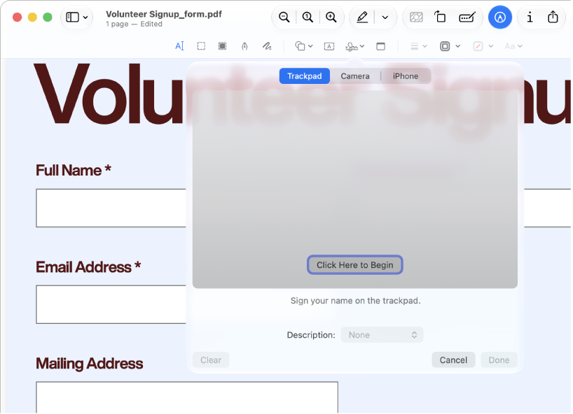 PDF dokument u prozoru aplikacije Pregled, s prikazom alata za potpisivanje.