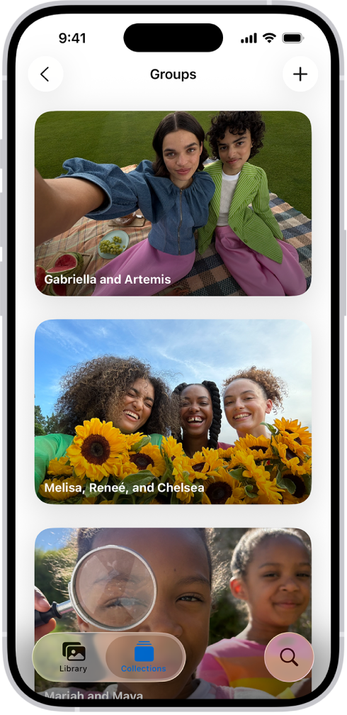 Des groupes sont ouverts dans la section «&nbsp;Personnes et animaux&nbsp;» de l’app Photos. Une liste de collections portant les noms des personnes incluses dans le groupe est affichée.