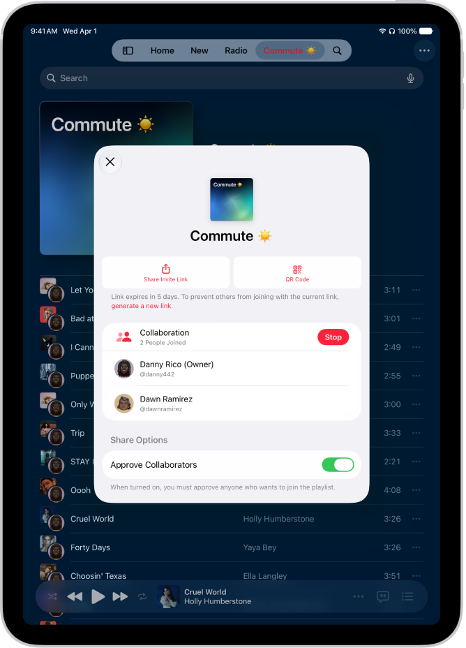 L’écran «&nbsp;Gérer la collaboration&nbsp;» de l’app Musique.