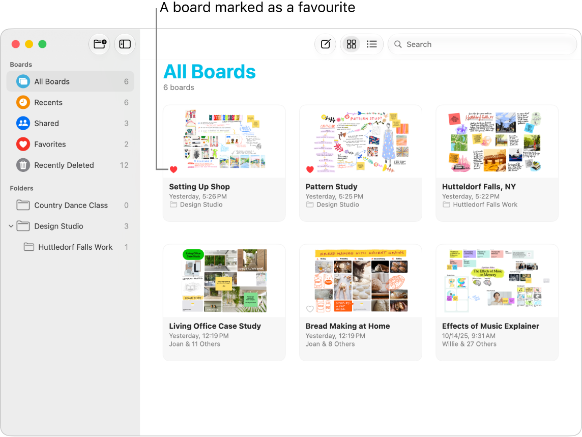 Favourites marked in the All Boards view in Freeform.