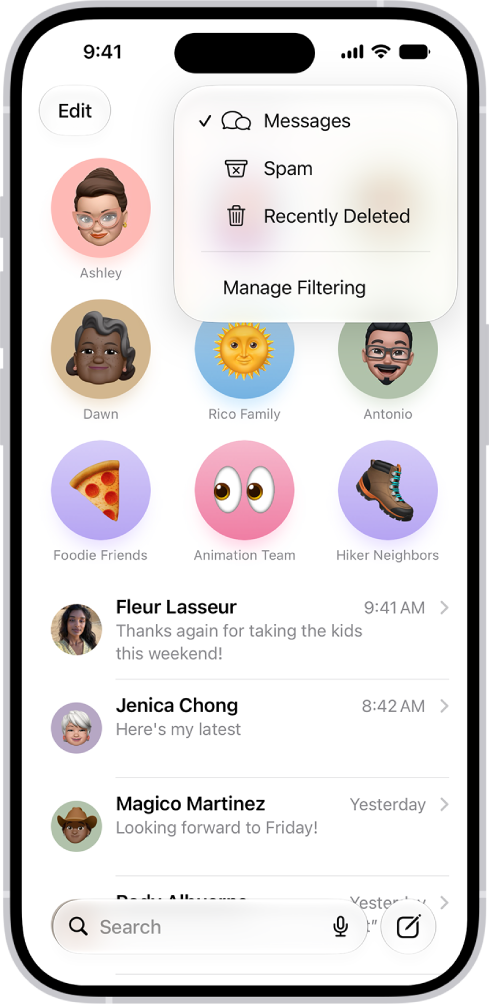 Une liste de conversations dans Messages. Tous les messages sont affichés, car aucun filtre n’est sélectionné dans le menu Filtrer.