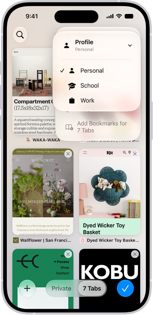 En iPhone-skärm visar aktuella öppna flikar och en meny med profilerna Personligt, Skola och Arbete. Profilen Personligt är vald.