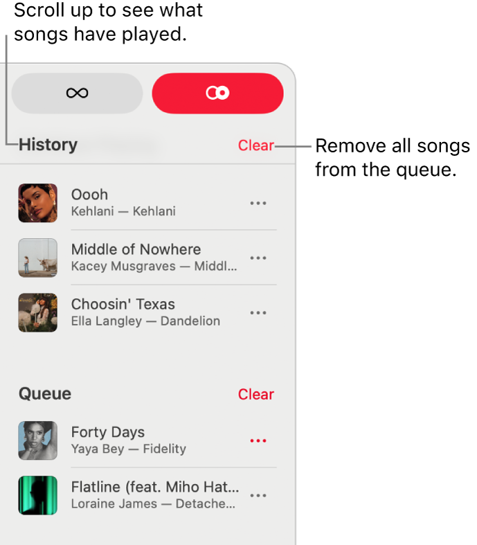 The queue is visible at the top-right corner of Apple Music. The History and Queue sections appear.