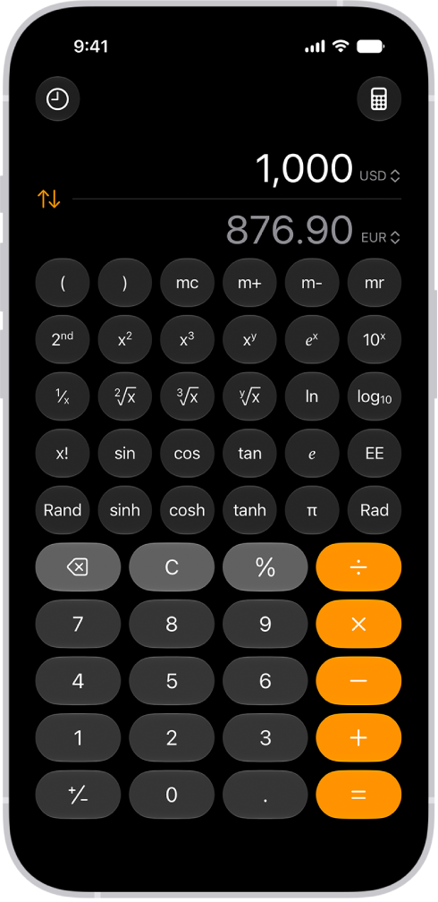 La calculatrice élémentaire avec une conversion de devise sur l’iPhone.