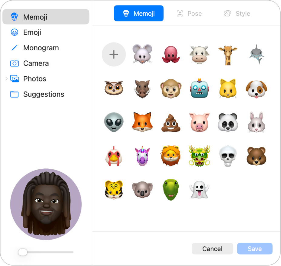Options relatives à l’image du compte&nbsp;Apple. Une liste d’options d’image est disponible dans la barre latérale, comprenant Memoji, Monogramme, Photos, et plus encore. Memoji est sélectionné et une grille de Memoji est affichée.