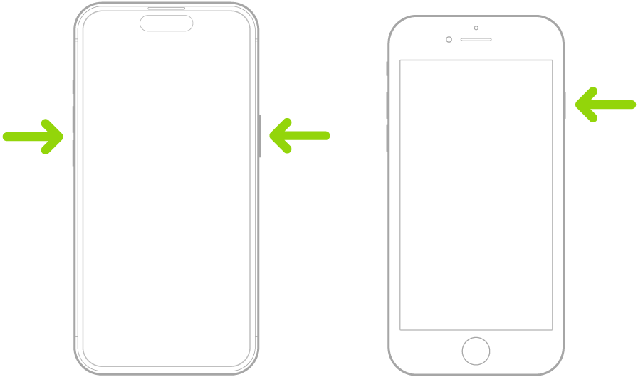 Дві моделі iPhone з екранами догори. На iPhone із Face&nbsp;ID кнопки гучності знаходяться зліва, а бічна кнопка&nbsp;— справа. На iPhone з кнопкою «Початок» бічна кнопка знаходиться справа.