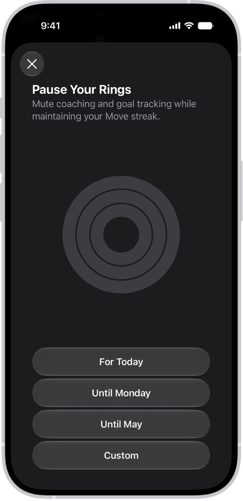 L’écran de mise en pause des anneaux dans l’app Fitness, avec des options de mise en pause des anneaux Activité.