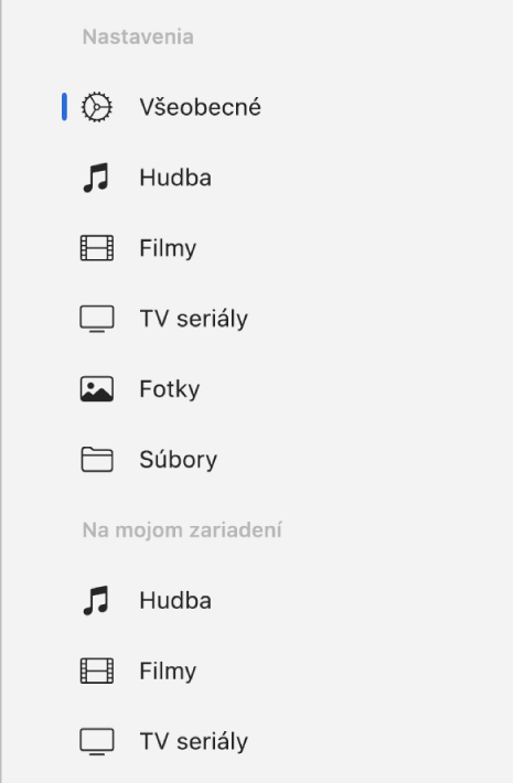 Na postrannom paneli sa zobrazuje tlačidlo Všeobecné a&nbsp;tlačidlá pre konkrétny typ obsahu, napríklad hudba, filmy, TV seriály a&nbsp;iný obsah.