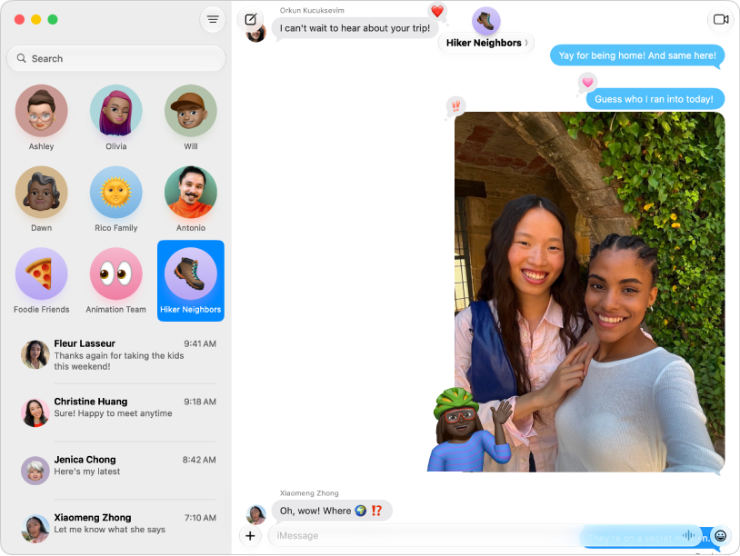 A Messages conversation list on the left and a conversation transcript on the right. At the top, clicking the contact icon opens conversation details.