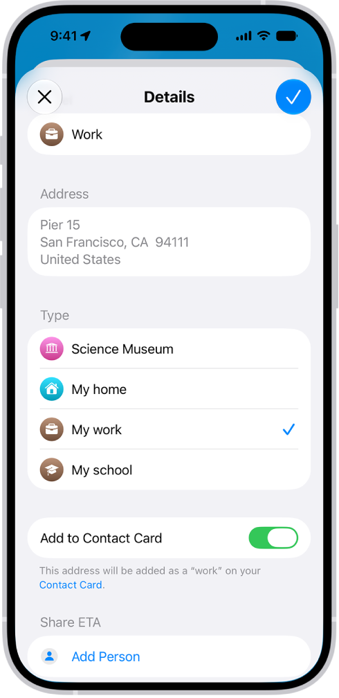 L’app Plans affichant l’écran des détails avec des options permettant de définir une adresse de domicile, de travail ou d’établissement scolaire.