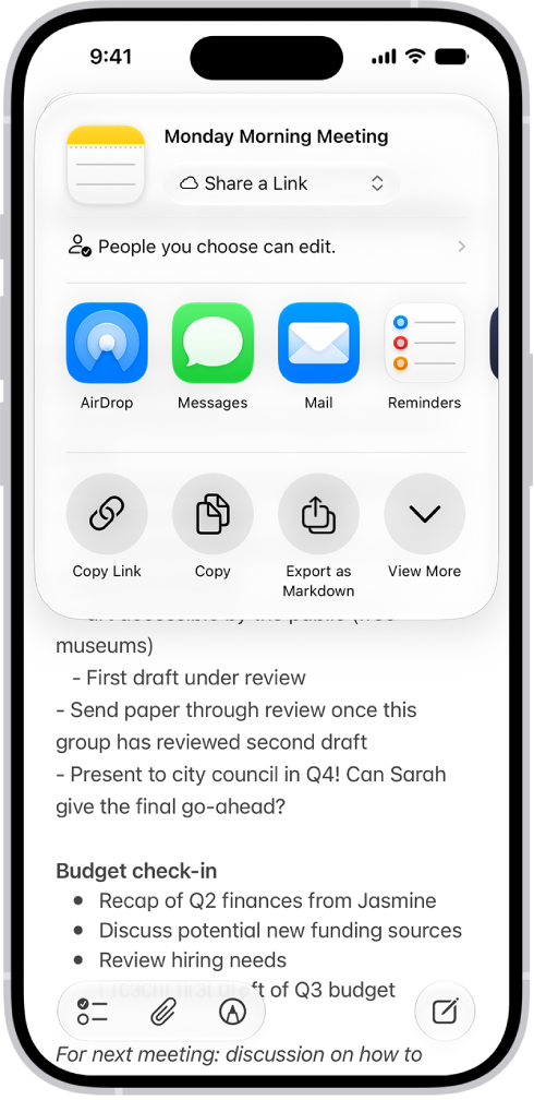 A note with an overlay showing sharing options.