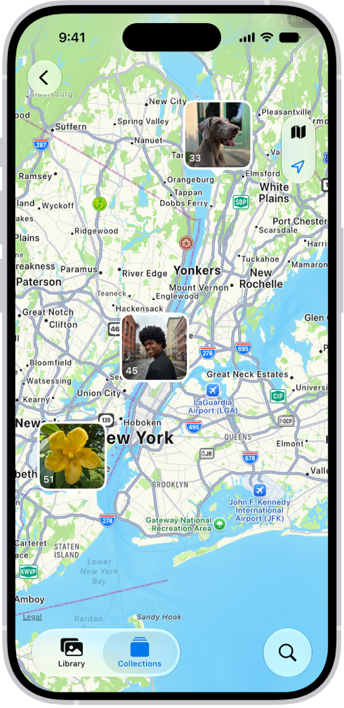 “照片” App 中打开的“地图”视图包含高亮标记的位置。其中列出了每个位置拍摄的照片数量。