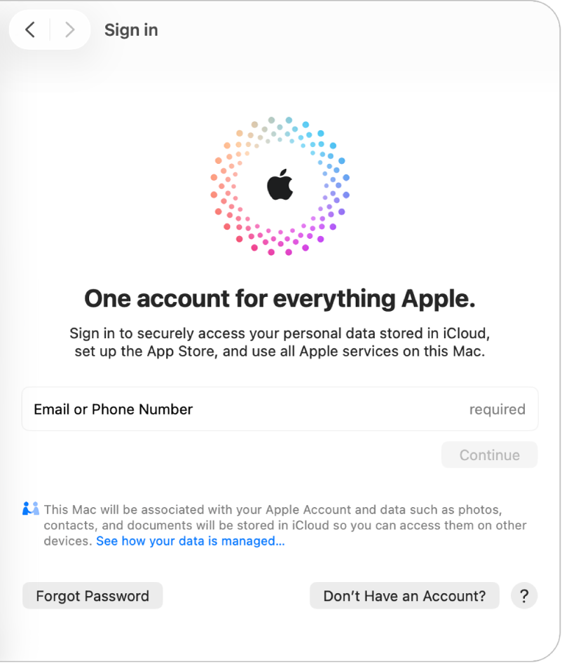 Sous-fenêtre de connexion au compte&nbsp;Apple comprenant un champ de texte pour saisir une adresse e-mail ou un numéro de téléphone.