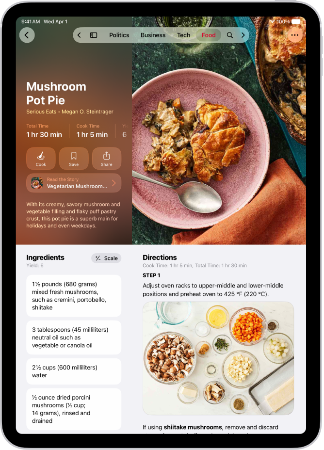 وصفة في Apple&nbsp;News+‎ وتظهر بها المكونات والخطوات.