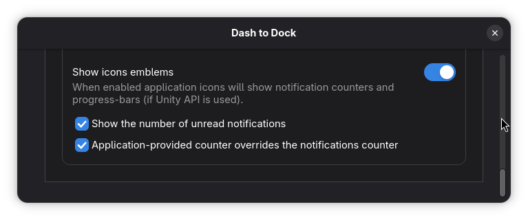 Show icon emblems is enabled in the Launchers settings