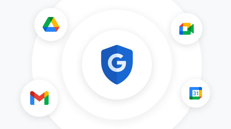 Ortadaki Google güvenlik kalkanı logosunun çevresinde Google Drive, Google Meet, Gmail ve Google Takvim logoları yer alıyor.