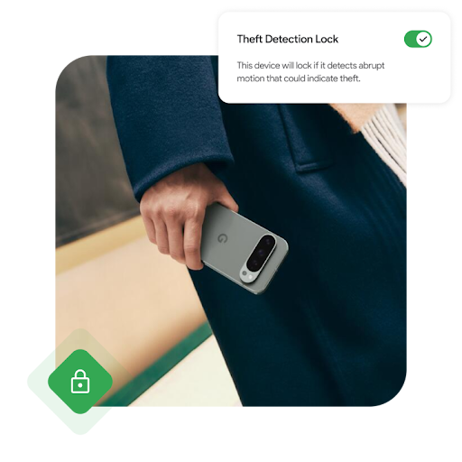 A hand holding a grey Google pixel phone. An example of the Theft Detection Lock interface is on the upper right corner.