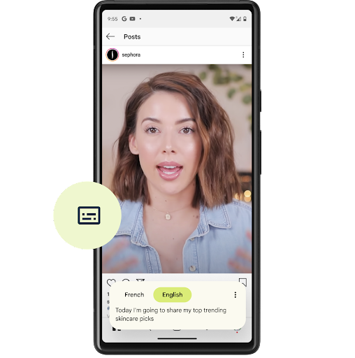 Android phone open to a post from Sephora on Instagram's main feed. Video of a white woman with short hair talking. Android's Live Caption is on and overlays text on the phone with spoken words appearing in English: 'Today I'm going to share my top trending skincare picks'.
