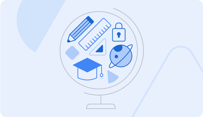 Illustration d'un globe avec des objets à l'intérieur, comme un crayon, une planète, un chapeau de diplômé et des formes simples.