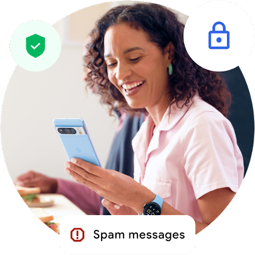 Et billede af en person, der kigger på sin Android-enhed, med et skjoldikon og et hængelåsikon.