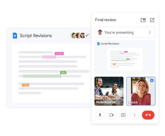 Three users in a Google Meet call collaborating on a Google Doc in real time.