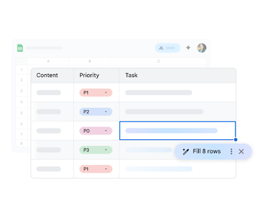 Gemini offers to fill 8 additional rows in a Google Sheet based on the data patterns it detects.