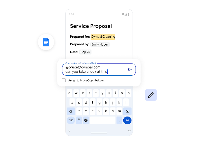 Google-dokumentin kommentointia mobiililaitteella.