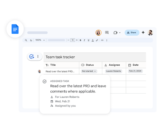 Nos Documentos Google, uma planilha de controle da equipe atribui à Lauren Roberts a tarefa "Leia o PRD mais recente e deixe comentários caso necessário".