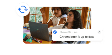 A woman and a girl using a Chromebook with a backup logo and a “Chromebook is up to date” notification popping out