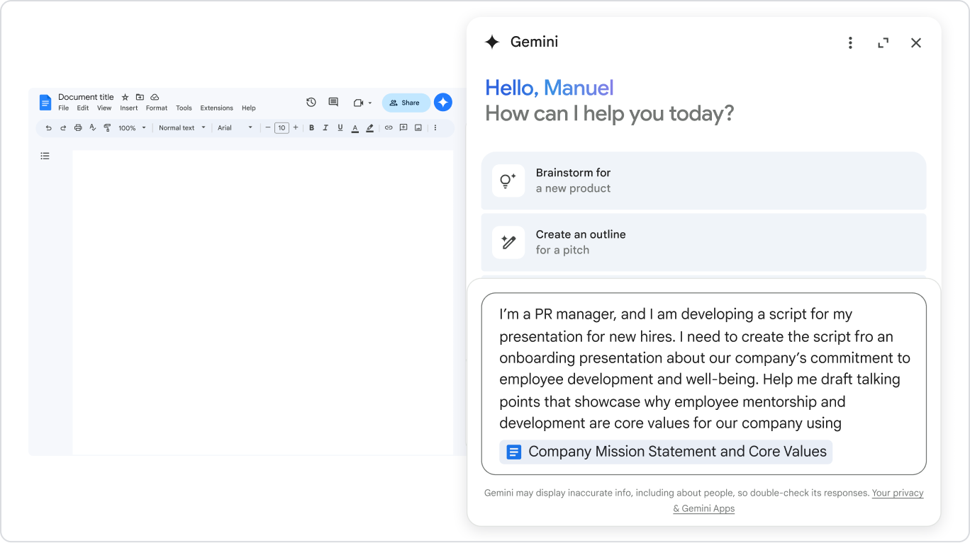 Un gerente de RR.HH. le da una instrucción a Gemini en Documentos para que le proporcione temas de conversación para una presentación de capacitación. 