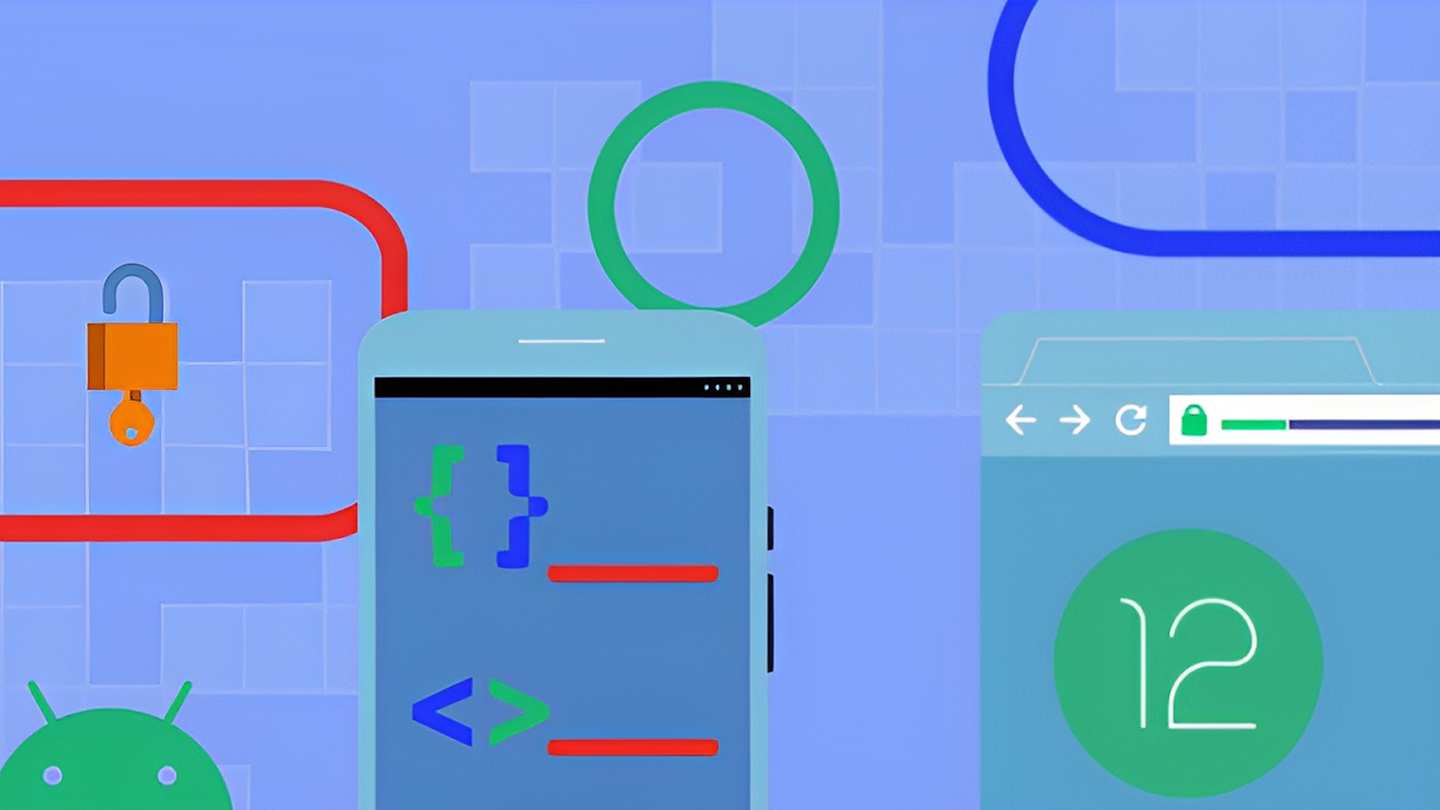 An illustration featuring a smartphone with code symbols, and a padlock icon against a blue geometric background.