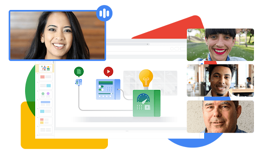 Illustration showing people on a Google Meet call collaborating on a Google Slides presentation. 