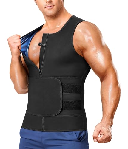 Junlan Sauna Suit for Men 2 in 1 Waist Trainer Sauna Shirt for Men Sweat Band for Stomach(Blue,Large)