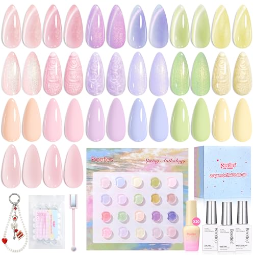 Beetles Pastel Gel Polish Set - Spring Anthology 20 Colors Gel Polish Cat Eye Pink Yellow Blue Green Pearl Shimmer UV LED Nail Gel Base Top Coat Nail Tool Home Salon Summer Gift for Women