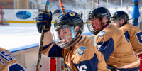 The Coachella valley Pride Hockey team bench as they face off against the Spittin Llamas at this years Frozen Pride Classic tournament, taking place at the Winthrop rink, in Winthrop, Wash. on Feb. 14, 2026.
