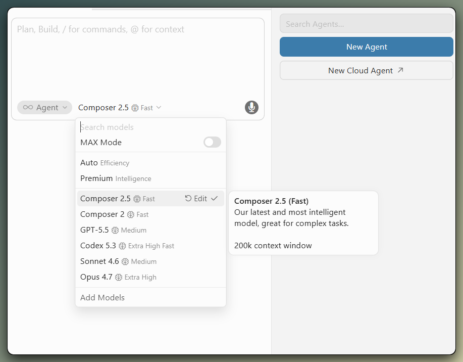 Screenshot of the Cursor IDE model picker dropdown with Composer 2.5 Fast shown as the selected default model
