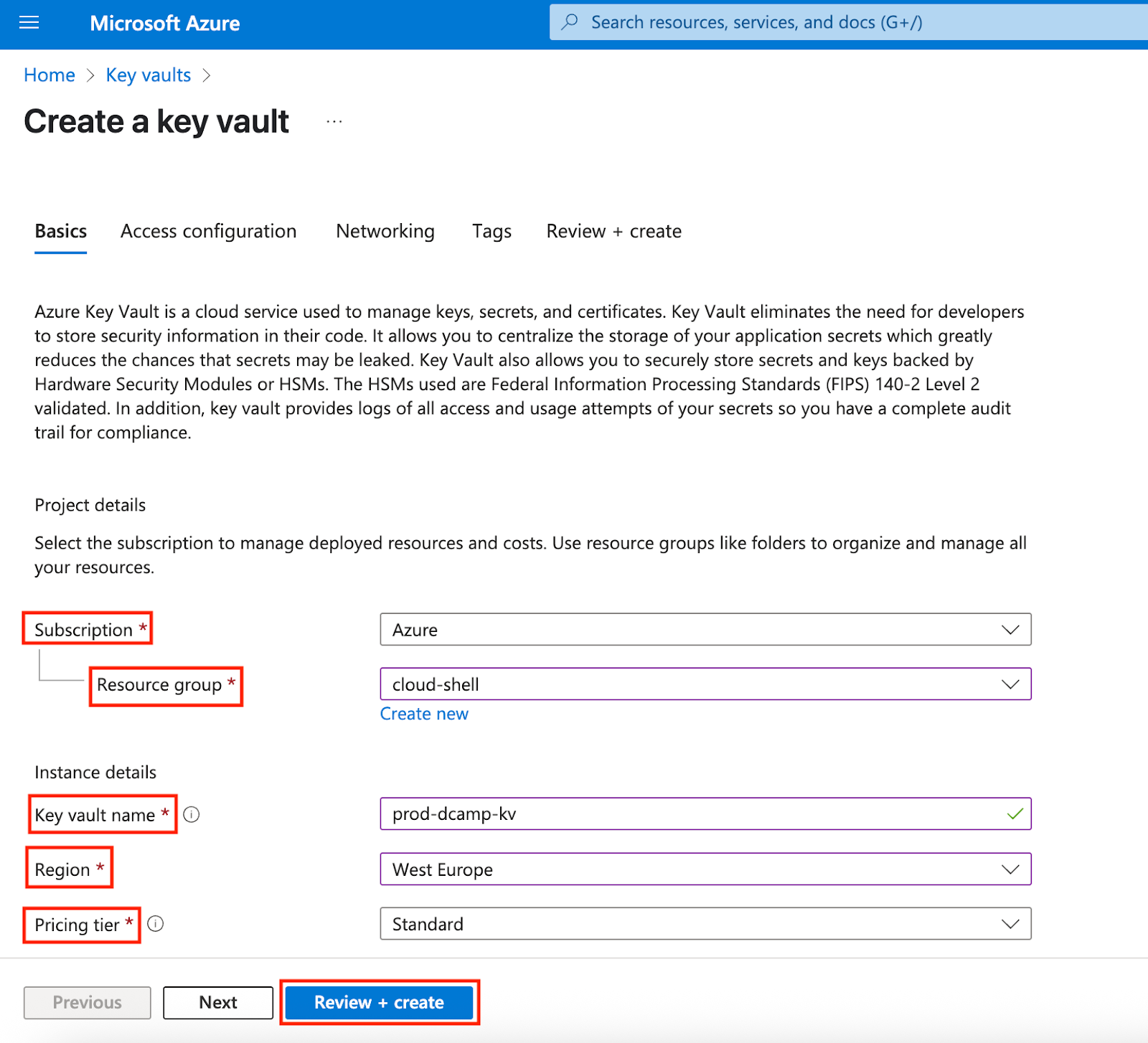 Screenshot of the Key Vault creation form in Azure. It shows fields for subscription, resource group, key vault name, region, and pricing tier, with the “Review + Create” button at the bottom.