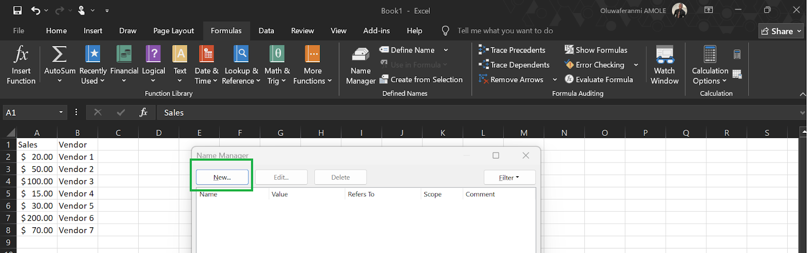 Locating the Name Manager and adding New Names.