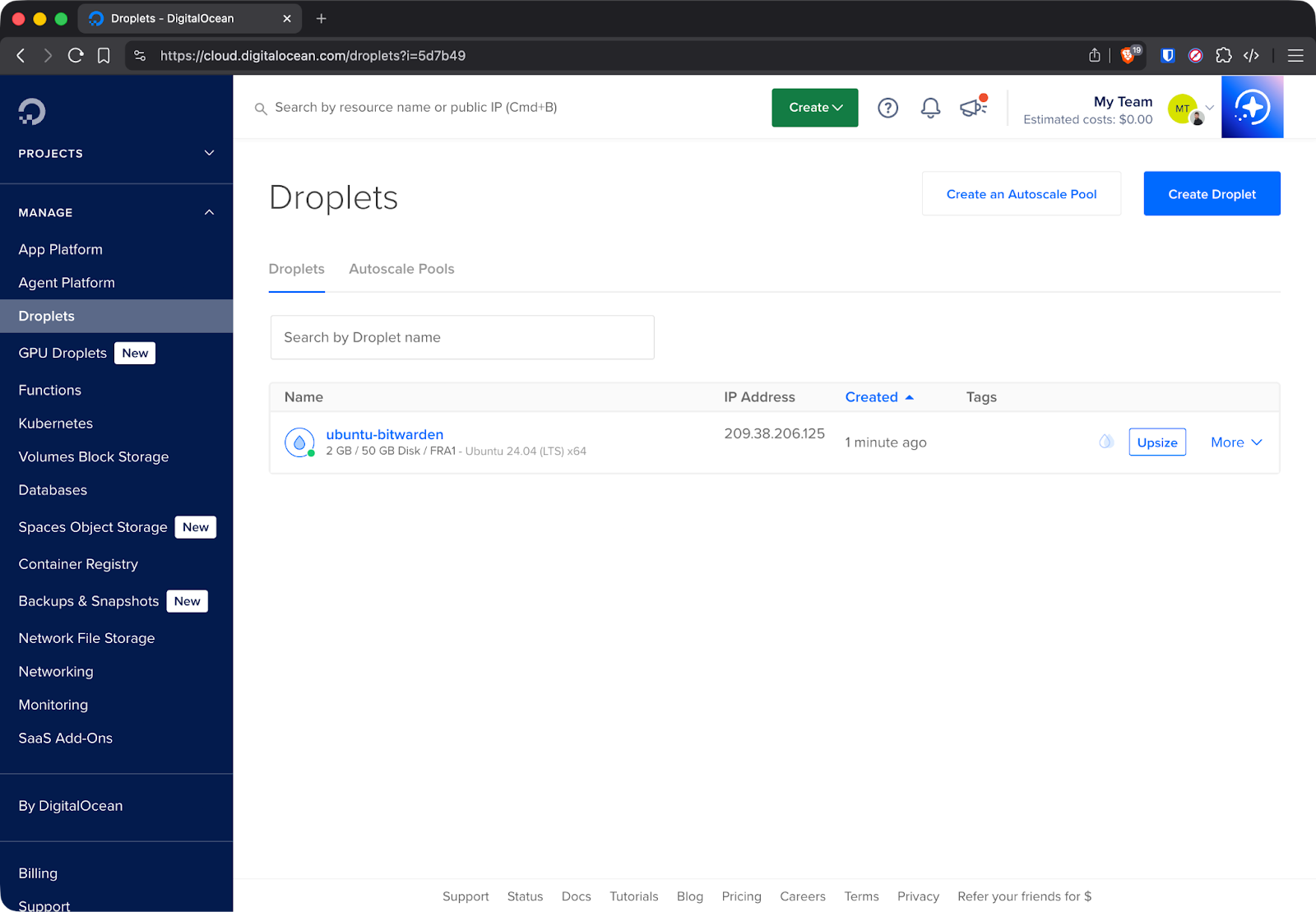 Detalles de la gota de DigitalOcean