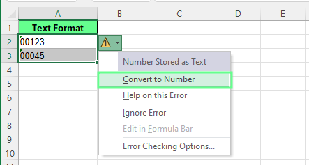 Converting text-formatted cells to number format to remove the leading zeros in Excel.